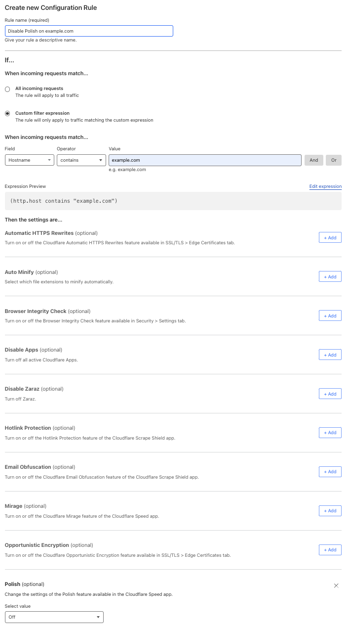 Configuration rule matching the &lsquo;Polish > Off&rsquo; setting of the example Page Rule